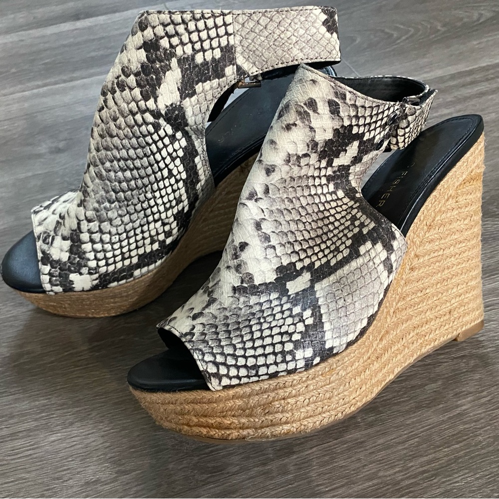 Platform wedge snakeskin print bootie sandals